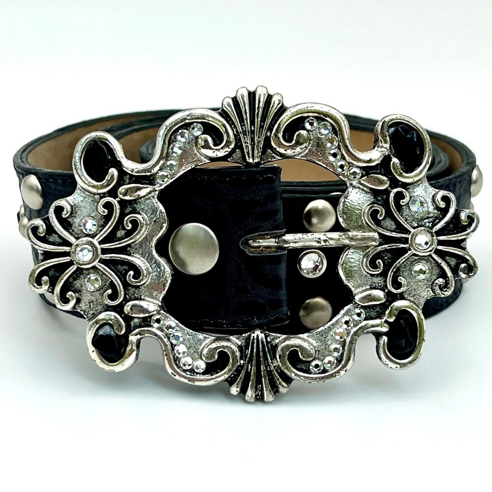 Vintage Leatherock Belt XL Black Leather Rhinestone Studded Western Buckle Y2K